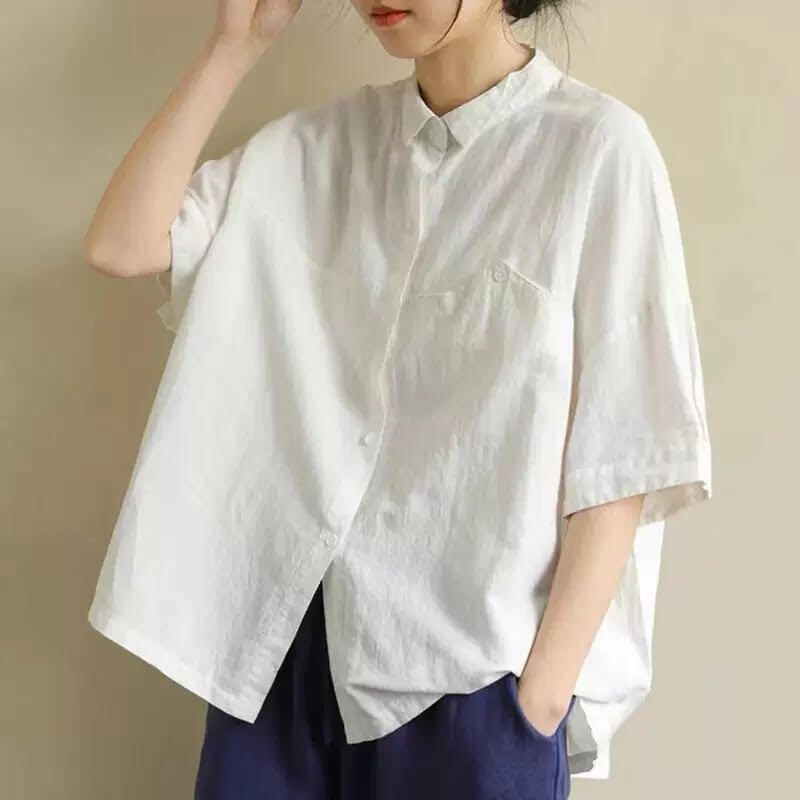 レディース トップス シャツ 半袖 襟付き コットン リネン 無地 ボタン 前開き 薄手 ルーズ ゆったり きれいめ 上品 お洒落 大人可愛い かっこいい 大人女子 カジュアル シンプル フェミニン