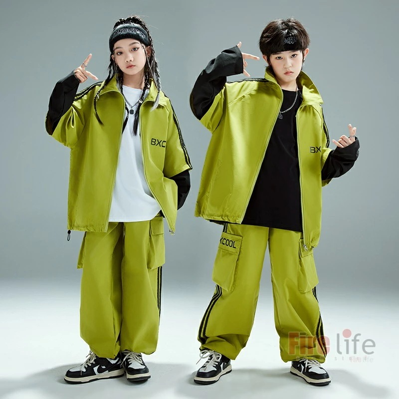 ダンスウェアセール ウィンドブレーカー キッズダンス衣装 重ね着 グリーン ヒップホップ ジャージ 上下 セットアップ ガールズ 男の子 発表会 イベント ジャケット ロングパンツ 白Tシャツ チーム