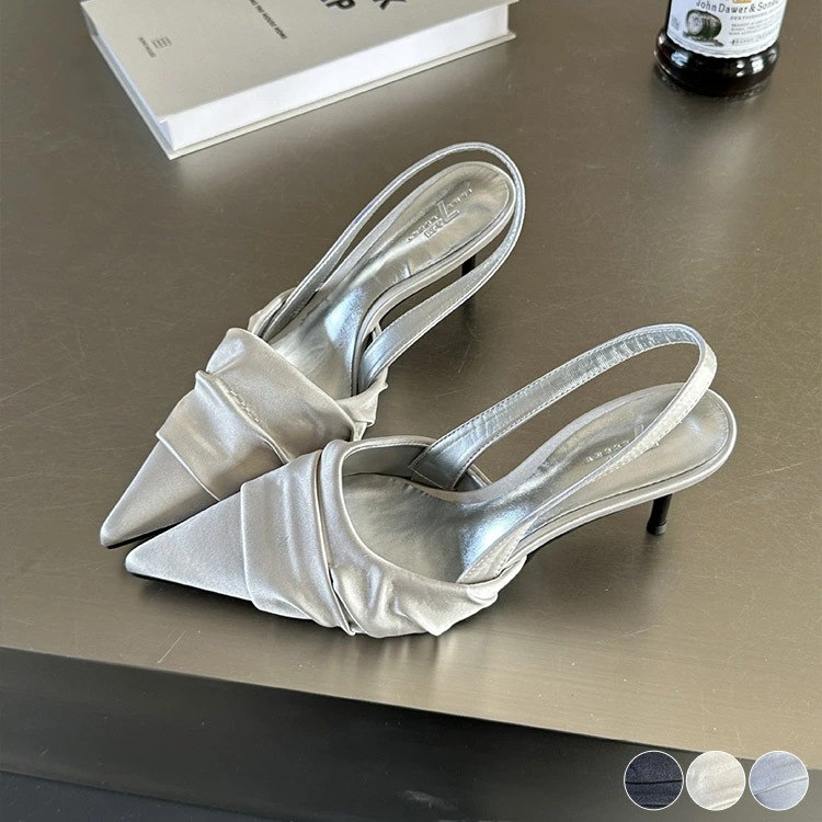 サンダル レディース バックストラップ ポインテッドトゥ 韓国 サテン ピンヒール ハイヒール おしゃれ ドレス パーティー 大人 エレガント 黒