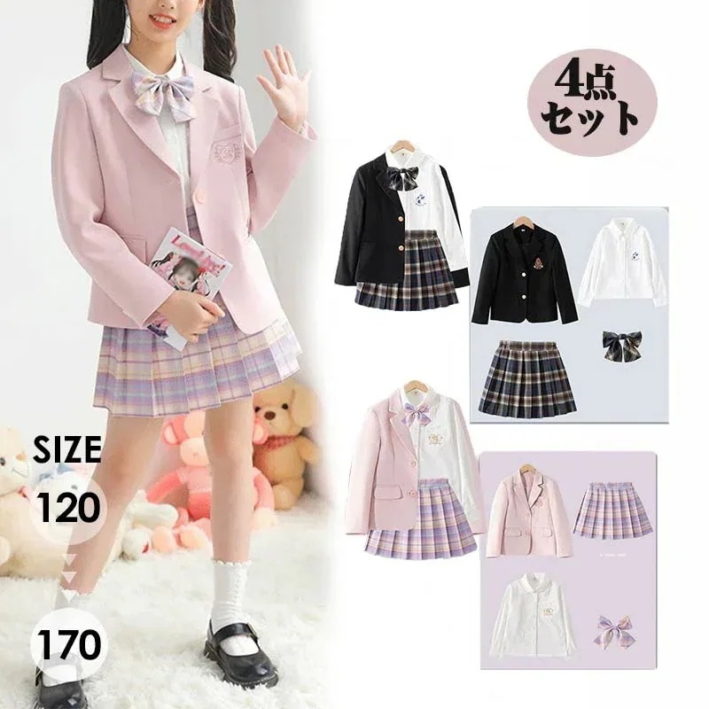 入学式 スーツ 卒業式 スーツ 女の子 中学校 小学生 キッズスーツ 女児スーツ（ジャケットシャツスカートリボン）4点セット ピンク ブラック フォーマルスーツ かわいい 七五三 ガール 卒業式