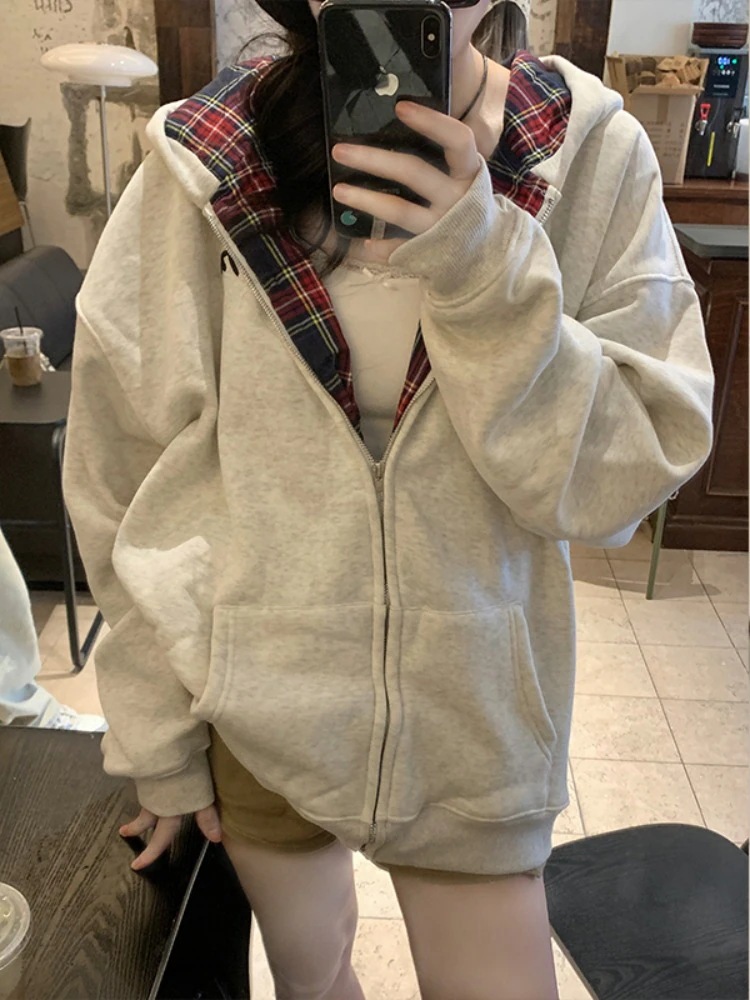 秋冬トップスかわいいパーカー2type裹起毛フード付き韓国風長袖細見え白黒おしゃれレトロシルエット甘め大人っぽ韓国フルサイズファッション系ルーズレディースお出かけ学生通学トラック羽織