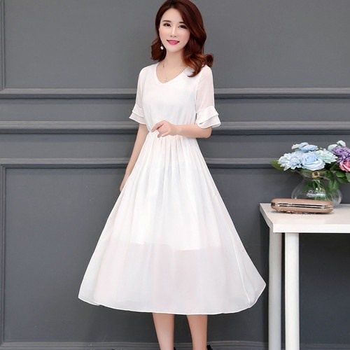 A1092.袖フリルシースルーフレアワンピース（ホワイト）2019 春夏 sale 春夏 sale ドレス エレガント お呼ばれ 結婚式 披露宴 パーティー 女子会 レストラン デート