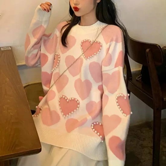 ニットセーター レディース ニット トップス セーター オーバーシルエット ルーズ ハート柄 可愛い ラウンドネック 長袖 プルオーバー カジュアル お出かけ おしゃれ ブルー ピンク 女性