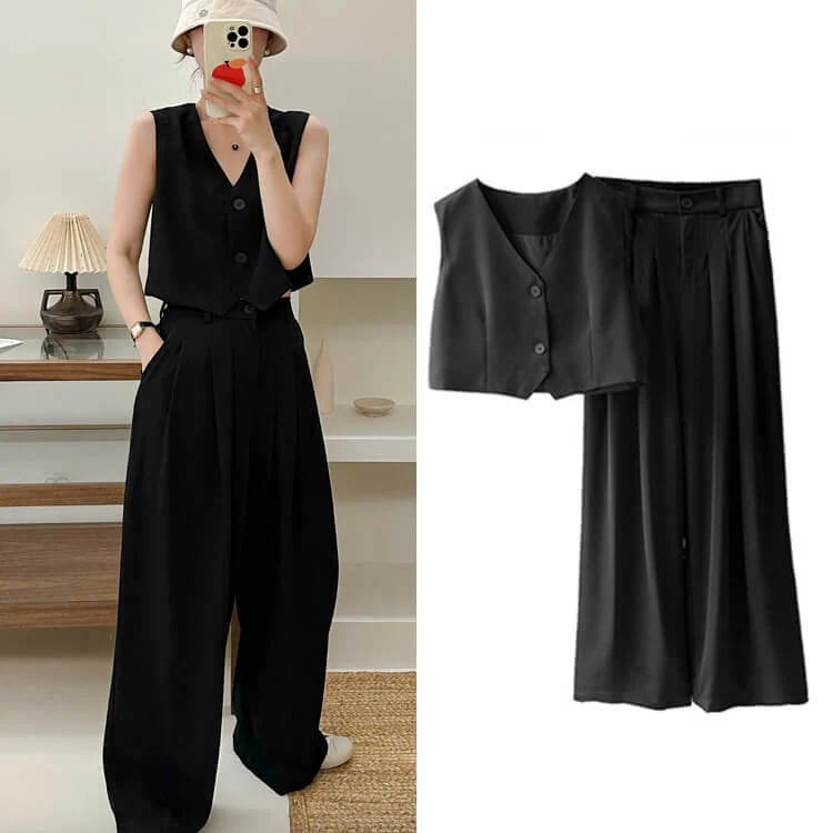 セットアップ レディース 韓国 ベスト ワイドパンツ 無地 黒 ブラック ロングパンツ ショート丈 ノースリーブ 上下 Ｖネック おしゃれ