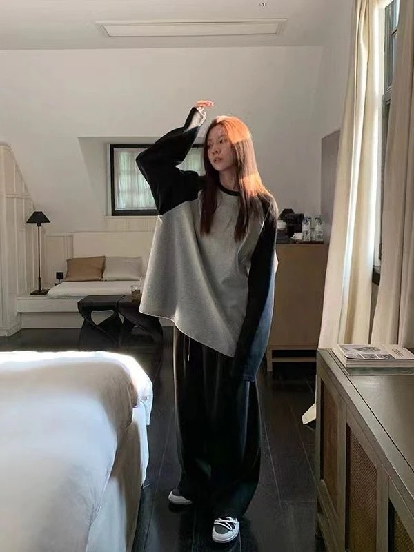 2色ドッキング 長袖 Tシャツ レディース 春春冬春 インナー ベースレイヤー トップス スウェット