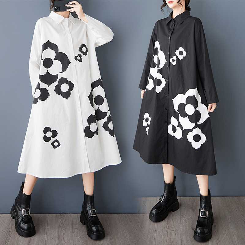 シャツワンピース メガ割 長袖 花柄 ドッキング 2025秋秋 「ファットガール」 レディース ロングワンピース
