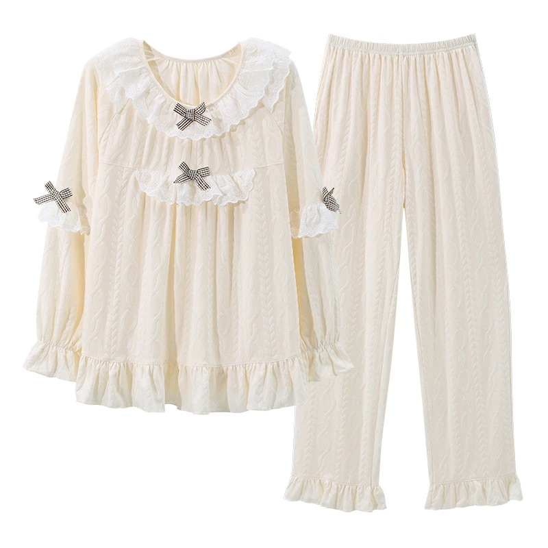 パジャマ レディース 長袖 ルームウェア かわいい レース 上下セット 部屋着 ガールズ 前開き 綿 ロング丈 通気性 柔らかい　快適 おしゃれ 学生 春 秋 5,203円