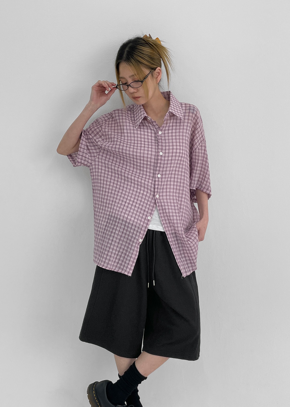 (UNISEX) ダルフォシアサーカー半袖チェックシャツ