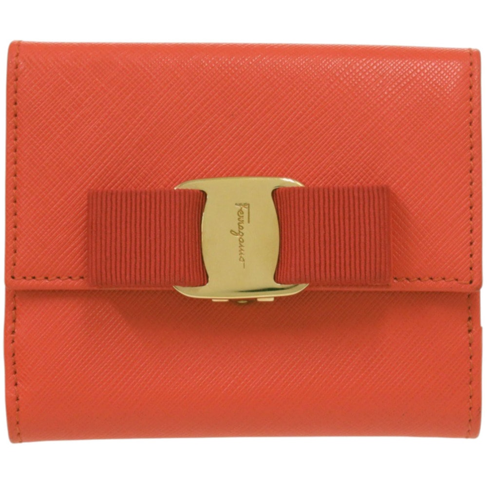 美品 サルヴァトーレフェラガモ ヴァラリボン 22A926 二つ折り財布 レザー オレンジ 1453【中古】Salvatore Ferragamo レディース