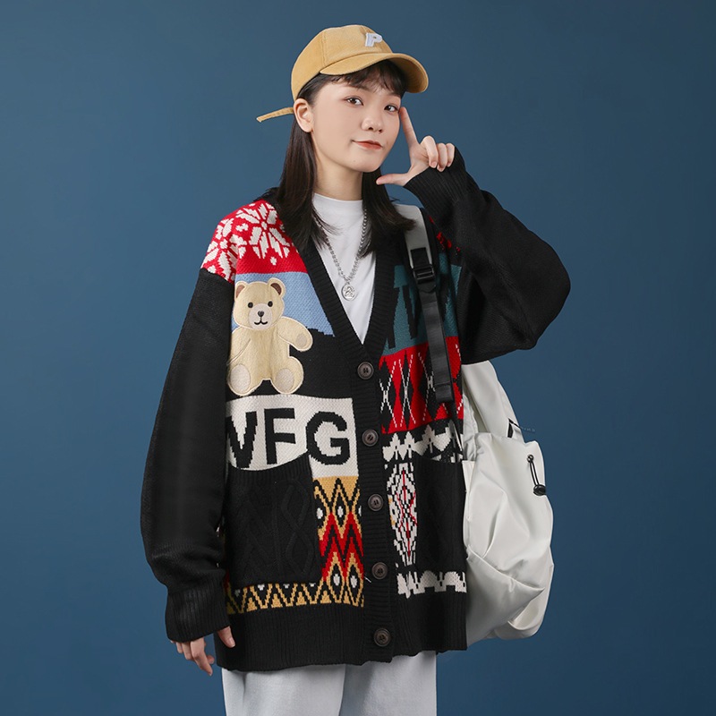 リトルベア刺繍カラーブロックカーディガンセーターレディースレトロ多用途怠惰なスタイルカップルニットジャケットスタイル 6,401円