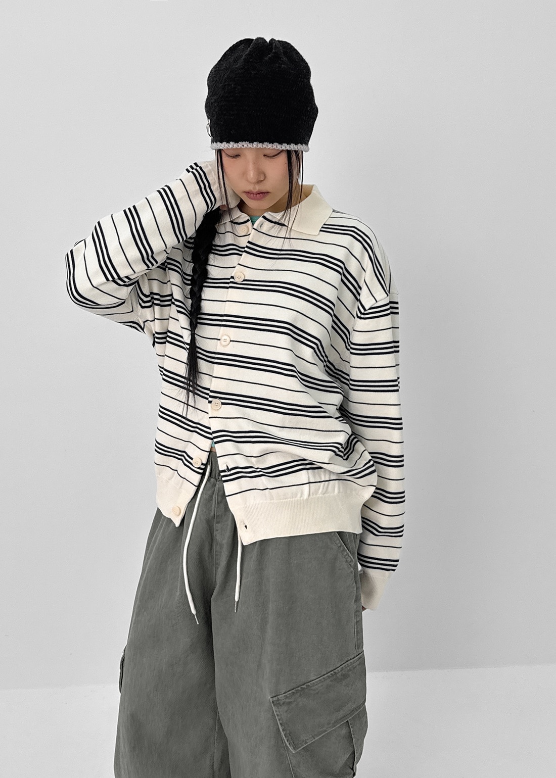 (UNISEX) またはストライプカラーニットカーディガン
