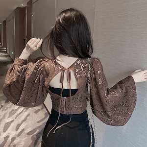 セクシー VネックTシャツ プルオーバー ファッション 百掛け 透かし彫り トップス ショート レースインナー 長袖Tシャツ