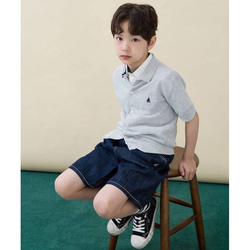 BEANPOLE KIDS [ソルソルニット] 半袖 コットン プレーン Tカラー カーディガン グレー (BI645AU023) BI645AU023 363396