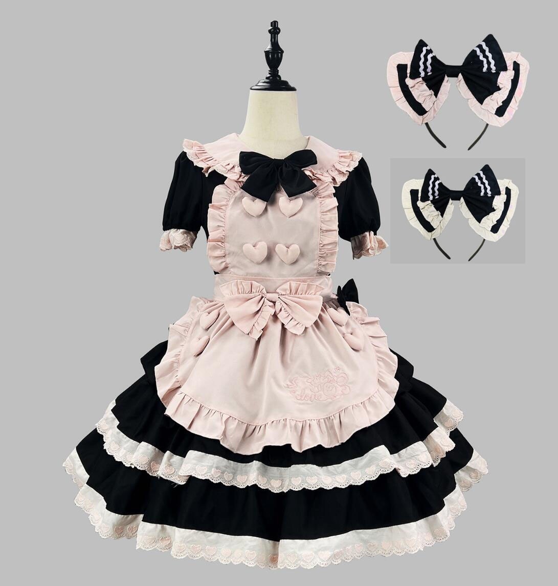 品質良い!店舗お勧め!メイド服 半袖 膝丈 ミドル丈 お姫様 メイド服 ゴスロリ ロリータ ドレス 裾レース フリル ハート 後ろに大きい蝶リボン 蝶可愛い 萌え萌え ロリータ メイドコスチューム カ
