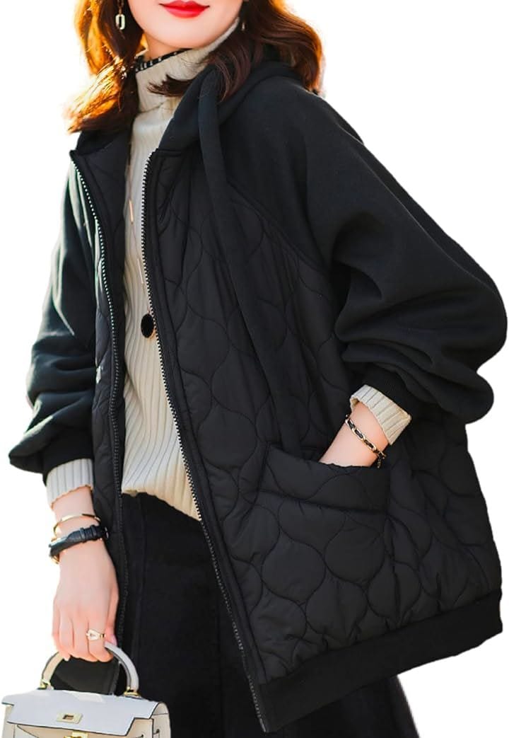 キルティング ジップアップ パーカー 切り替え ジャケット BLK( ブラック, L)