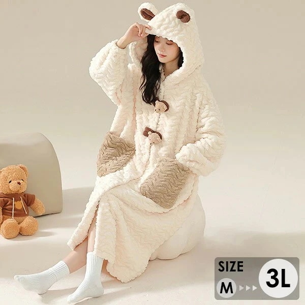 ルームウェア もこもこ 熊 パジャマ 冬 長袖 ナイトガウン 着る毛布 前開き フード付き 寝巻き 部屋着 暖かい あったか 着ぐるみ モコモコ 大人用 ふわふわ 動物 レディース 女性用 ガウン か