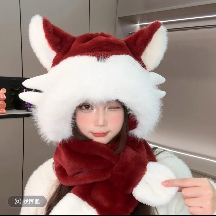 10個セット 冬の狐のモコモコ帽子女性のファッション帽子マフラー一体にモコモコと厚手の防寒保温帽