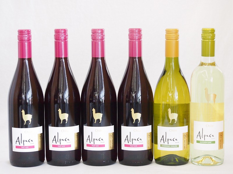 チリ産ワインアルパカ6本セット(赤ピノノワール(ミディアムボディ) 白シャルドネセミヨン(辛口)