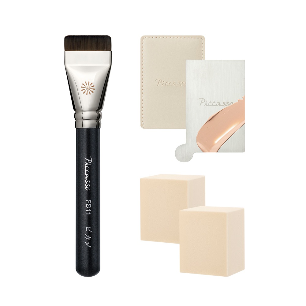 【人気】 FB11 スパチュラ ブラシ(+スポンジ2個+パレット1個) ファンデーション ベース メイク ブラシ 塗る場所が細い 平べったい 薄付き ムラなく しっかり密着