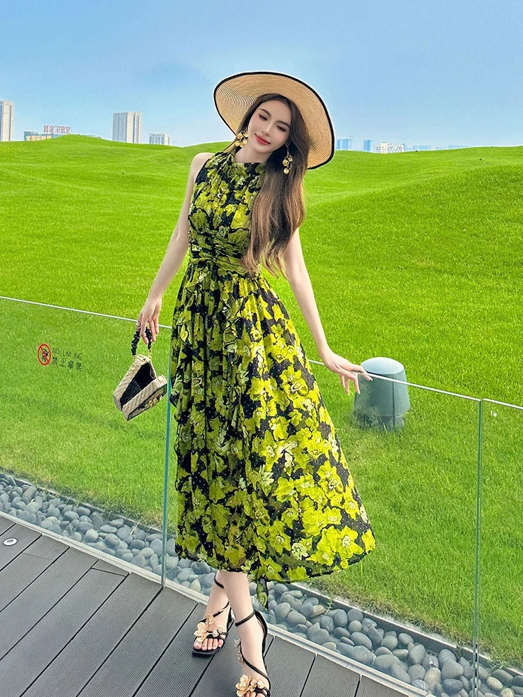 【JY.上品】 シフォン ロングワンピース 花柄 旅行 ボヘミア ビーチワンピース ハワイ ノースリーブ 着痩せ30%までに制限