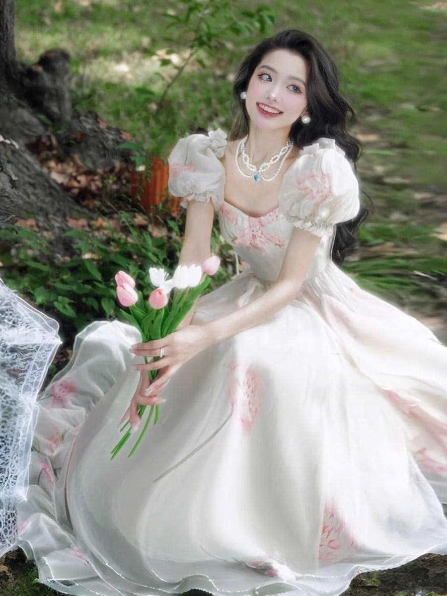 スカート パフスリーブ 花柄ワンピース フェミニン 休日ロングスカート