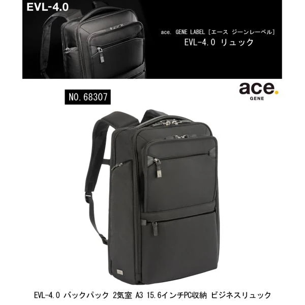 ビジネスリュック EVL-4.0 68307 2気室 A3対応 15.6インチPC収納 軽量 撥水 抗菌ポケット 通勤 出張 バックパック ビジネスバッグ