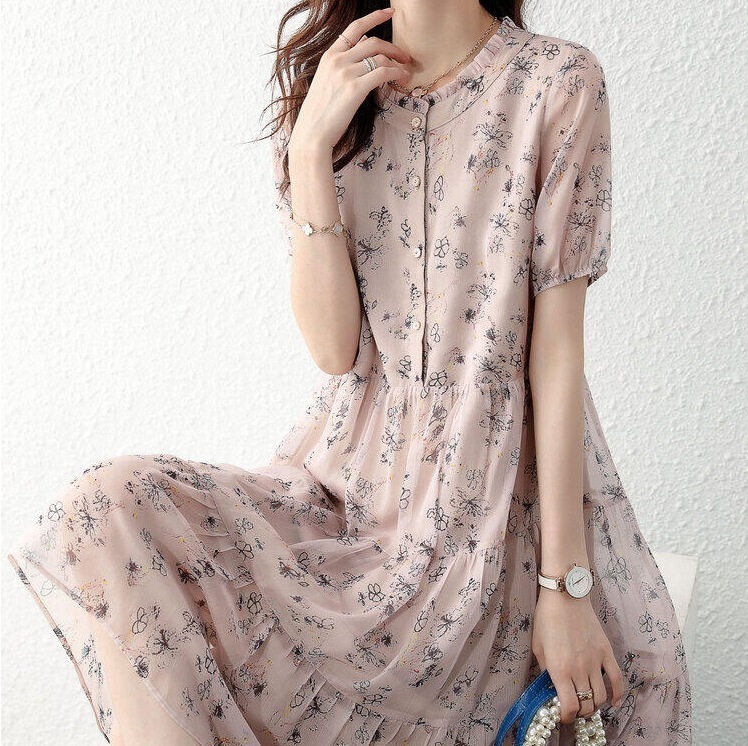 膝丈ロングワンピース フリル付きシフォンワンピース パフスリーブワンピース カジュアルシフォンワンピース スカート ワンピース シャツ プルオーバー オールインワン ロングスカート フレアスカート 5,875円