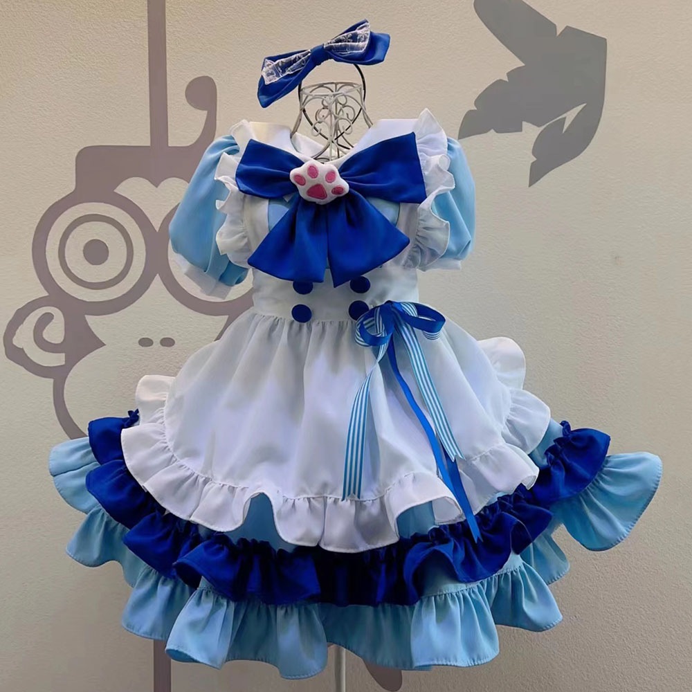 青色＋水色メイド服　白色エプロン　肉球　ネコの手柄飾り付