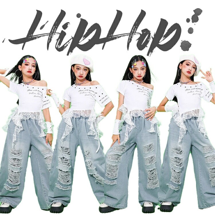 キッズ ダメージ デニム ダンス衣装 女の子 シャツ レース ダンスウェア 肩出し ホワイト へそ出し デニムパンツ パンツ ガールズ 長ズボン 発表会 応援団 ジュニア カッコイイ 普段着