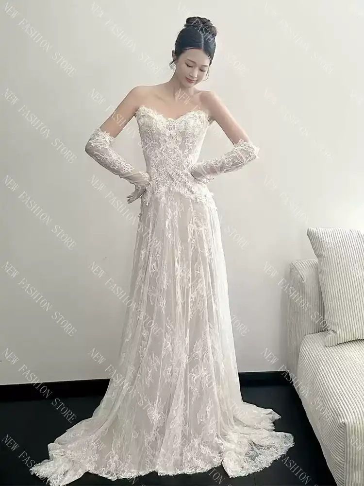 軽ウェディングドレスレースハートネックフレンチスタイル-30