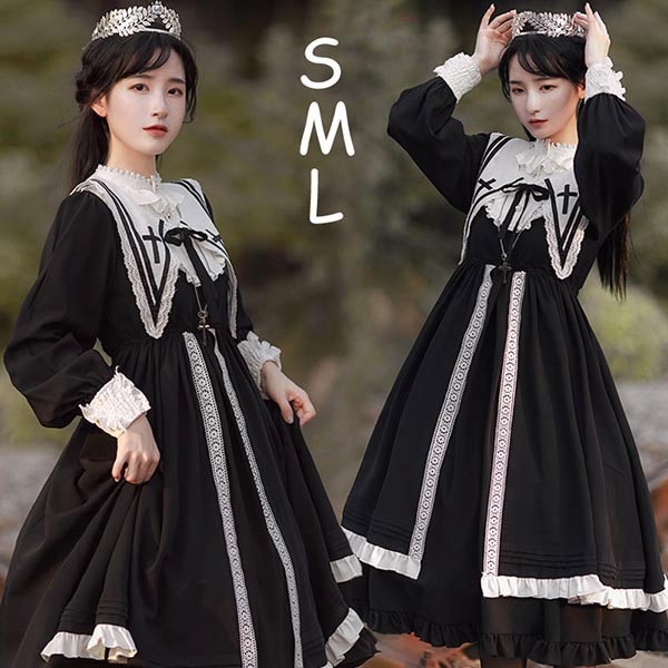 ロリータ ゴシック ゴスロリ ワンピース Aライン Lolita パフスリーブ レース フリル 長袖 黒 可愛い かわいい ミモレ丈 レディース コスチューム 仮装 ハロウィン 学園祭 文化祭 dg3