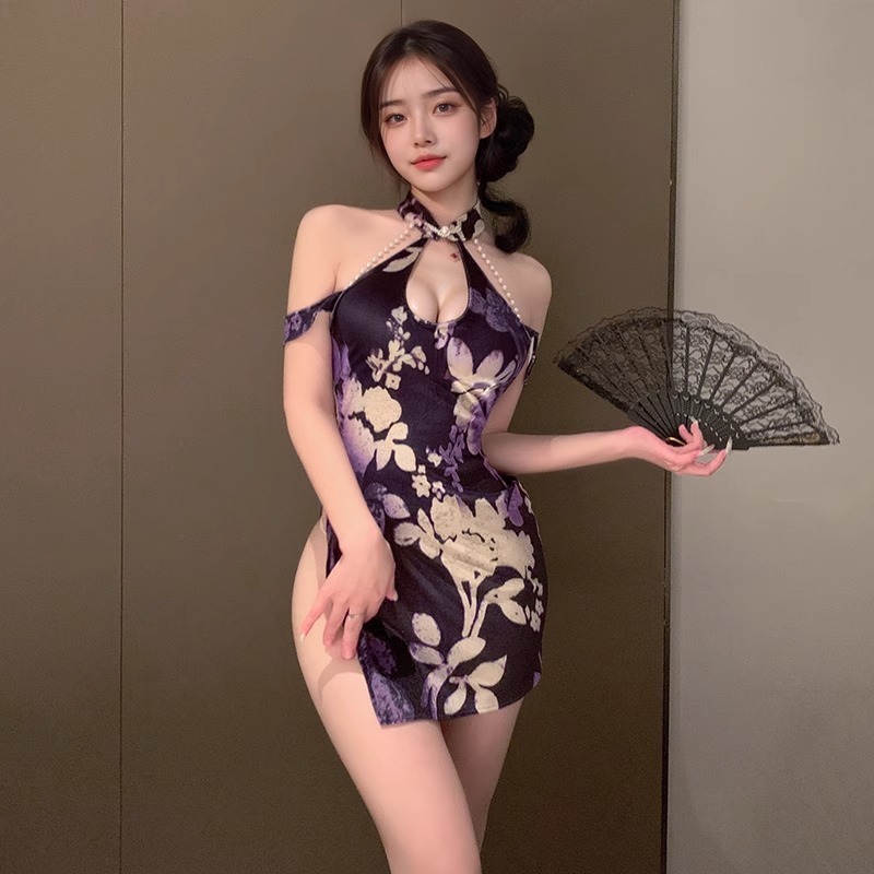 2025夜 ふじんふくセクシーギャル純欲復古透かし彫り首チャイナドレスお姉さんプリントは腰ワンピース夏を収めます