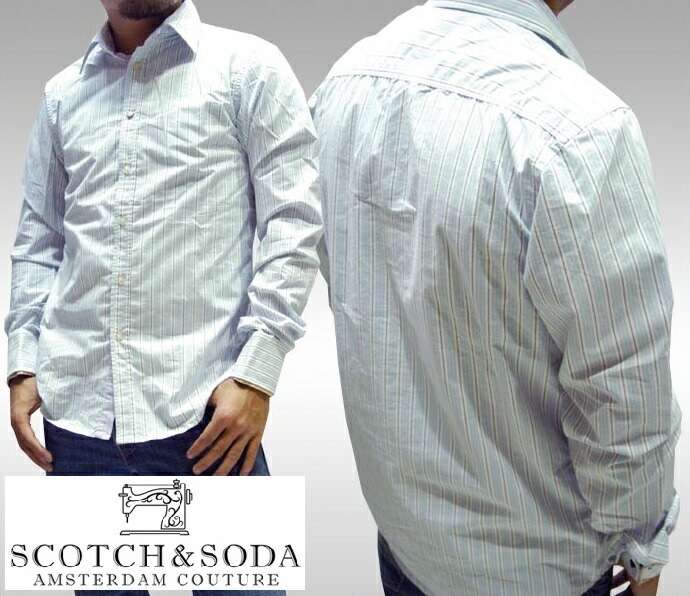 スコッチ&ソーダ スコッチアンドソーダ scotch&soda メンズ 長袖 シャツ ストライプ ライトブルー ブラウン テニスカフス トップス カジュアル サーフ セレブ ストリート ヨーロピアン