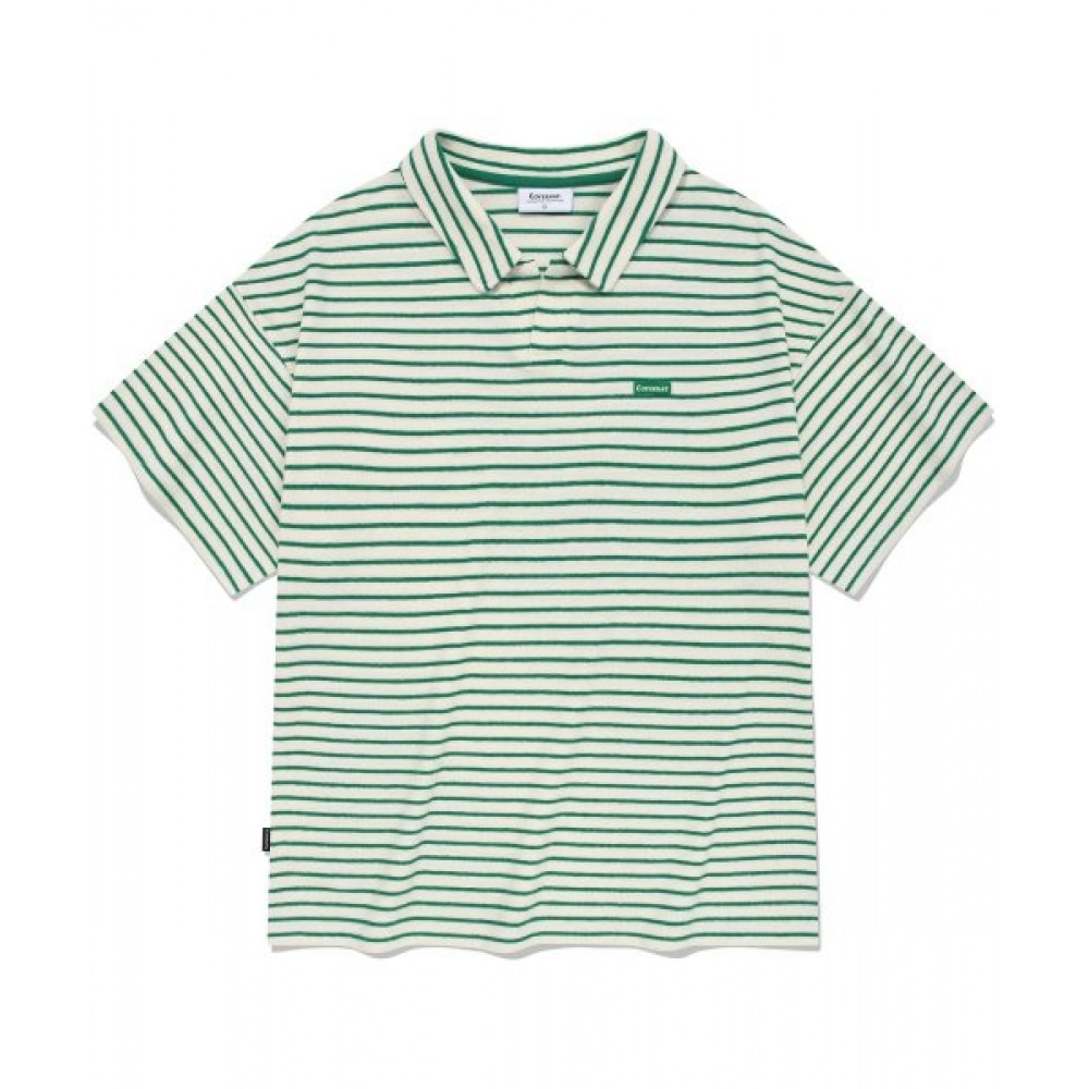 COVERNAT テリーストライプオープンカラー T シャツグリーン