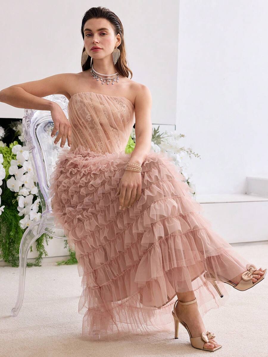メッシュレイヤードヘムチューブドレス