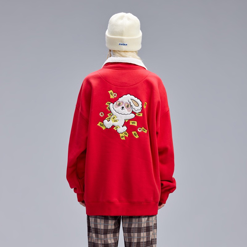 卯年 ラムスキン ラペル ジッパー スウェットシャツ レディース 秋冬 厚手 ファッション カップル ドロップショルダー トップス ゆったり