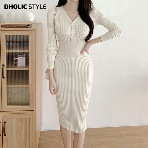 スリーボタンリブニットワンピース・p430269