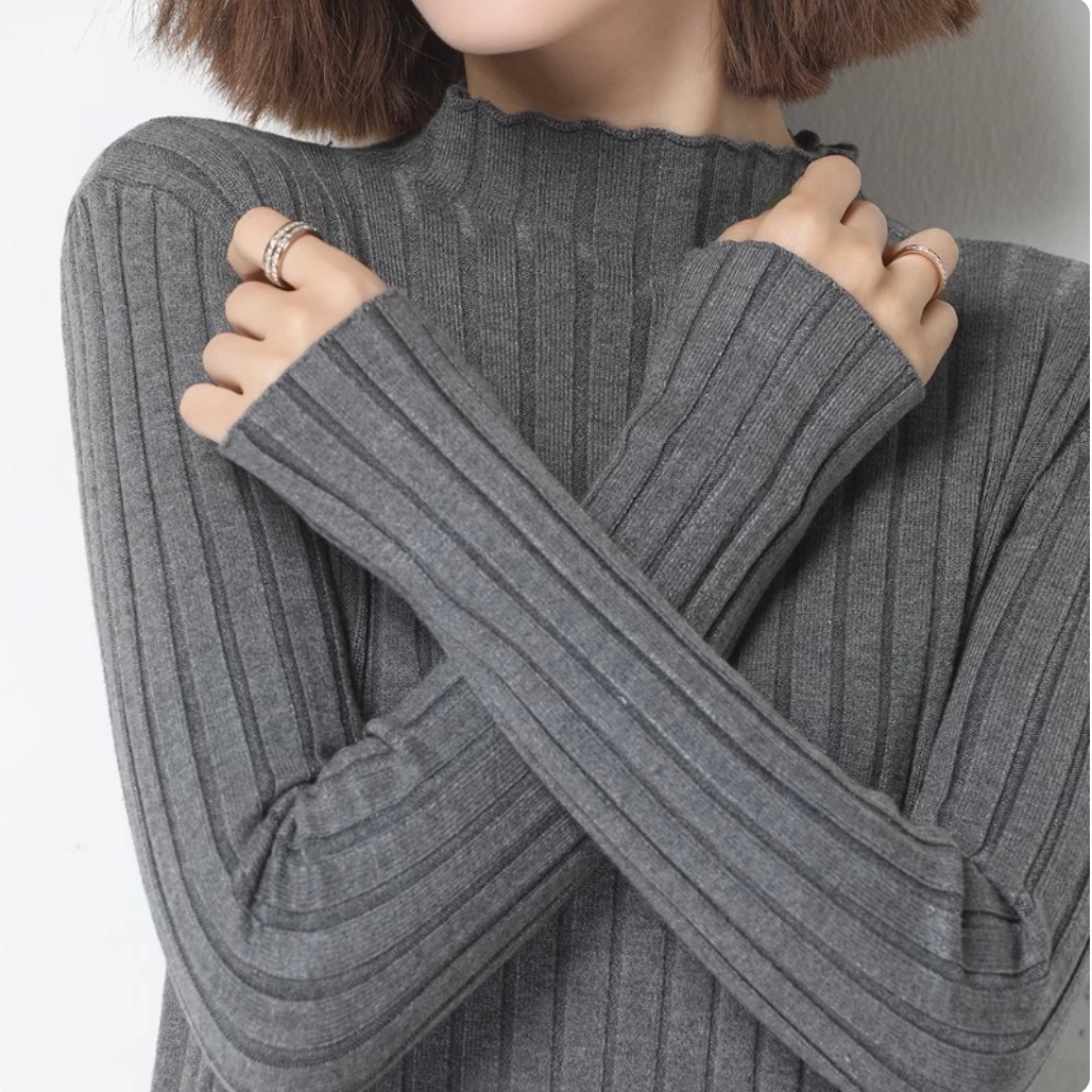 レディース トップス カットソー デート ニットソー ミディアム丈 袖あり 長袖 萌袖 襟なし ハイネック タイト 細身 リブ 伸縮性 かわいい 大人可愛い きれいめ シンプル カジュアル 上品