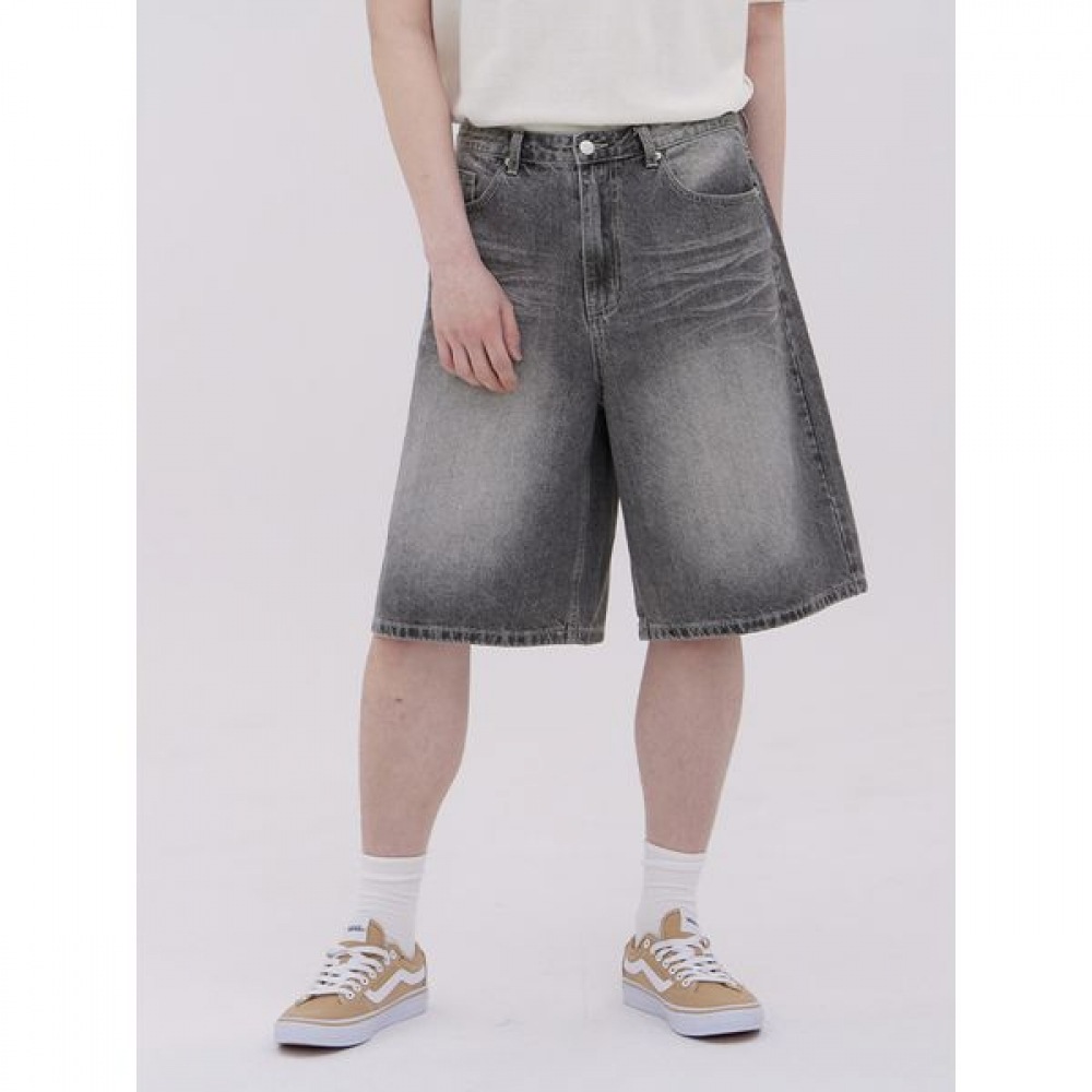 [Jean Mania] ユニセックスルーズフィットレトロウォッシュ5パートデニムブラックショーツ