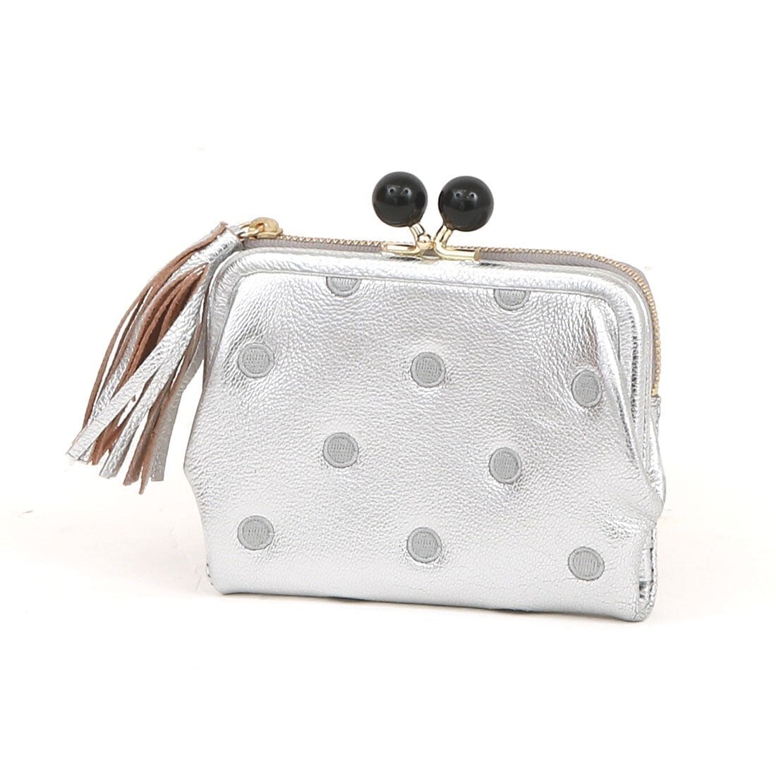 財布 ミニ財布 レディース がま口 二つ折り 本革 シルバー ドット 08-06-03560 二つ折り財布 おしゃれ アクリル玉 札入れ 小銭入れ さいふ カードポケット