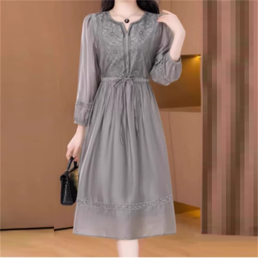 ドレス ロングドレス 衣装 ワンピース スカート パーティドレス ロング ミモレ 袖あり ランタンスリーブ Vネック Aライン フレア 薄手生地 エレガント 可愛い 大人可愛い きれいめ