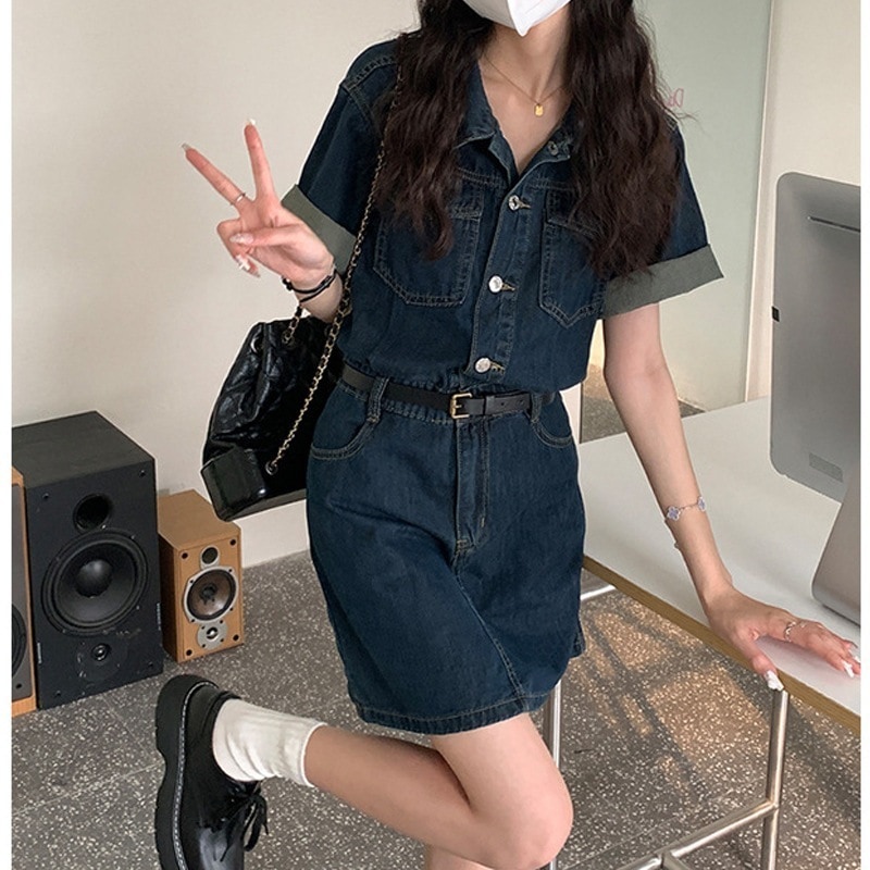 ワンピース 着痩せ ワンピース 韓国ファッション シャツワンピース クラシック ベルト付き ドレス デニムワンピース レディース 4,214円