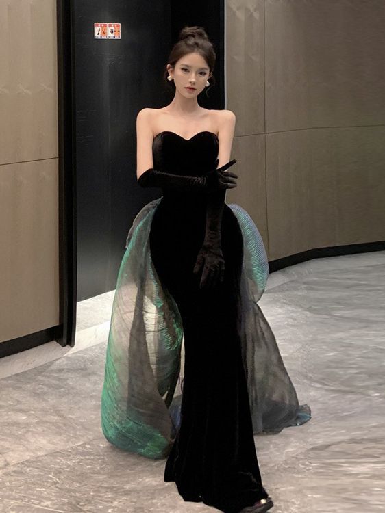 パーティドレス結婚式二次会 花嫁ロングドレスお呼ばれ 30代ワンピース ブラックベルベットシースリボンドレス