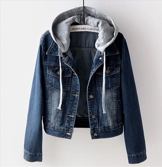 アウター デニム ジャケット レディース 襟あり ポロ襟 シャツ袖 無地 バイカラー フード付き フード取り外し 春 秋 ショート丈 長袖 前開き シングルブレスト レギュラースリーブ かわいい