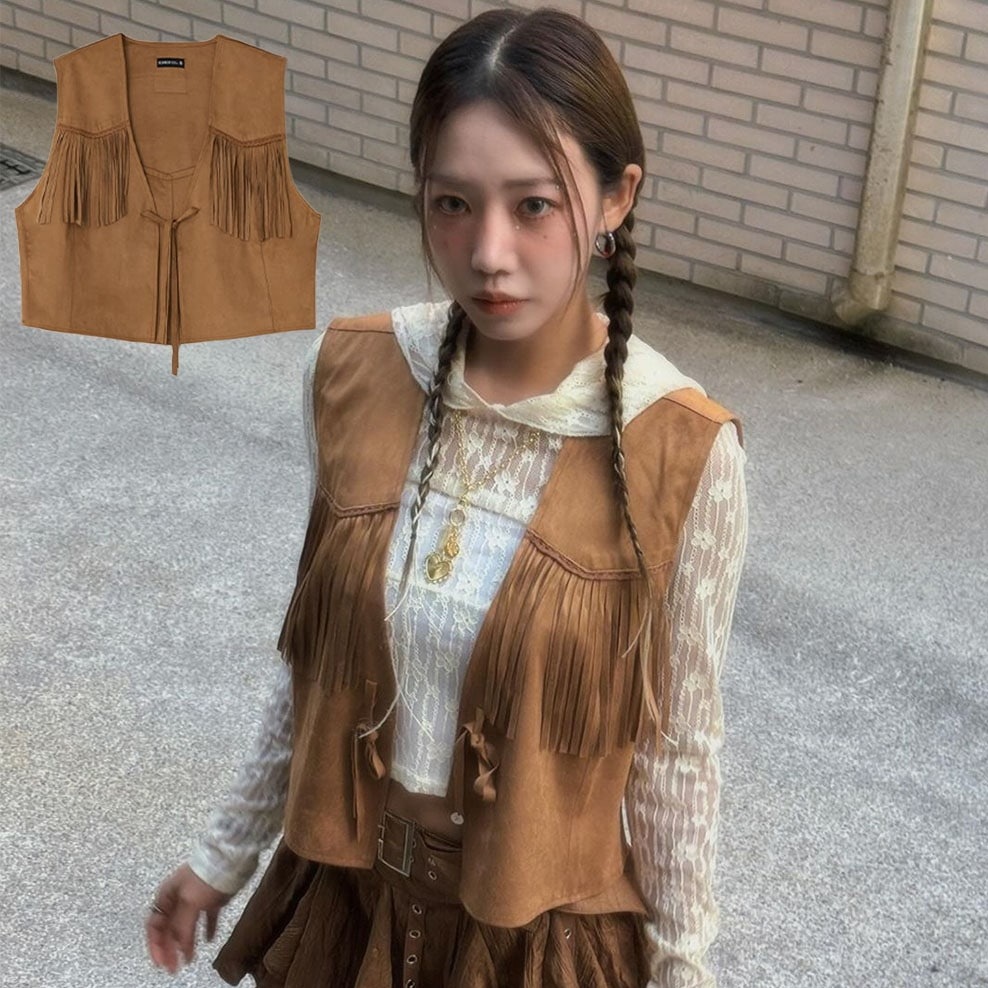 [APINK KIM NAMJOO/ SONG HAENA 着用!] PENDANT SUADE TASSEL VEST (2COLORS)