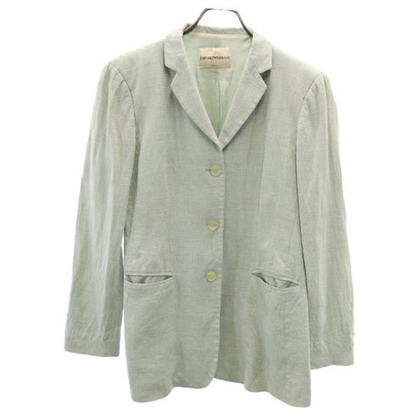 イタリア製 リネン シルクブレンド チェック柄 長袖 テーラードジャケット 40 グリーン系 メンズ