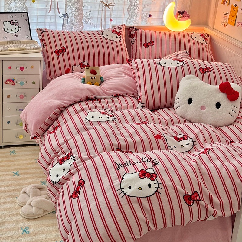 サンリオ ハローキティ冬増粘 高級 ミルクベルベット3点または4点セットサンリオ子供用両面コーラルベルベットシーツキルトカバー