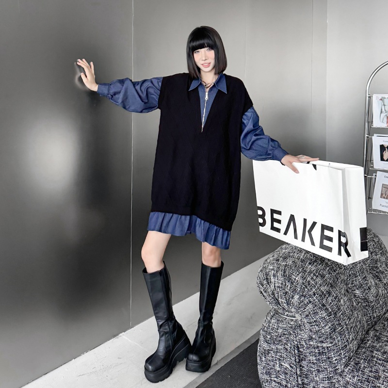 【Noir Mode】 秋冬 デニム 切り替え ニットワンピース デザイン性 ブラックコーデ 大きいサイズ レディース 体型カバー セーター ワンピース レディース シャツワンピース
