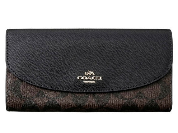COACH F54022-IMAA8 コーチ スナップ式長財布 アウトレット シグネチャー スリム エンベロープ ウォレット メタルロゴ付 カーフレザー(型押)/PVC ブラック/ブラウン/ゴールド