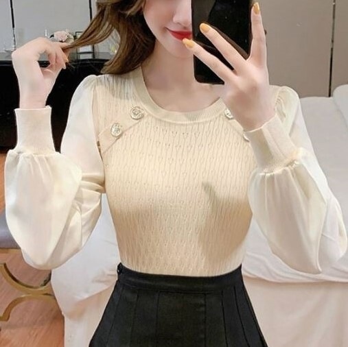 ２色 トップス カットソー ニット レディース 秋冬 春 かわいい オフィス 長袖 ショート丈 長袖 ボリューム袖 パフスリーブ Uネック ラウンドネック スリム 細身 切り替えデザイン ドッキング